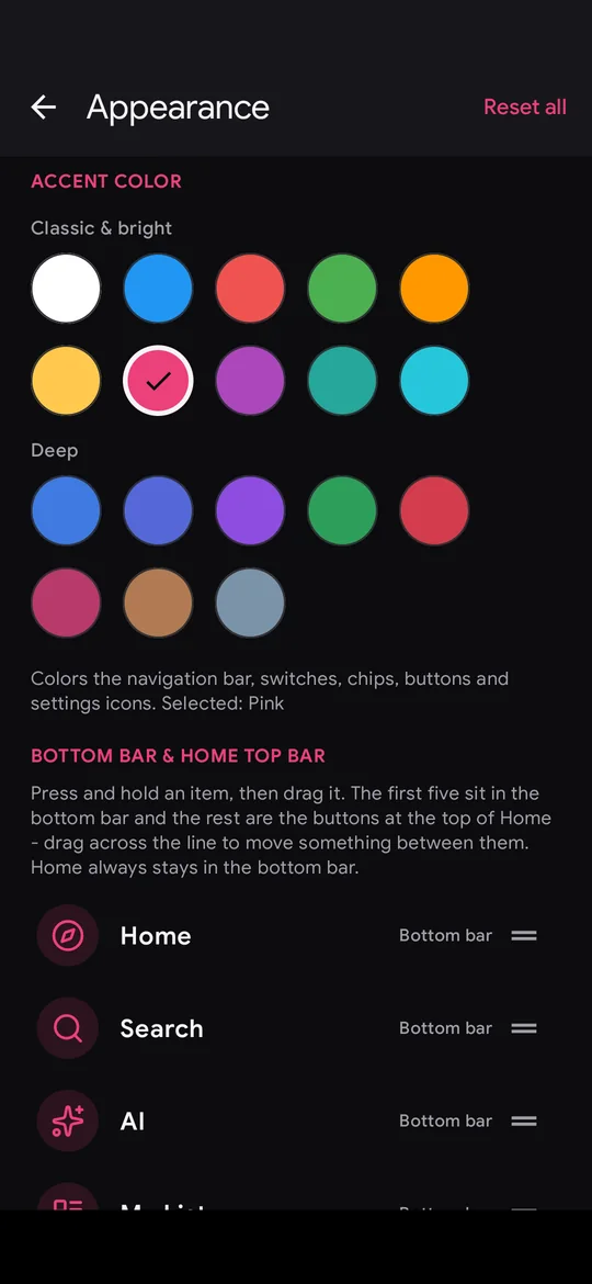 Miki's Appearance settings with accent colors and a rearrangeable layout