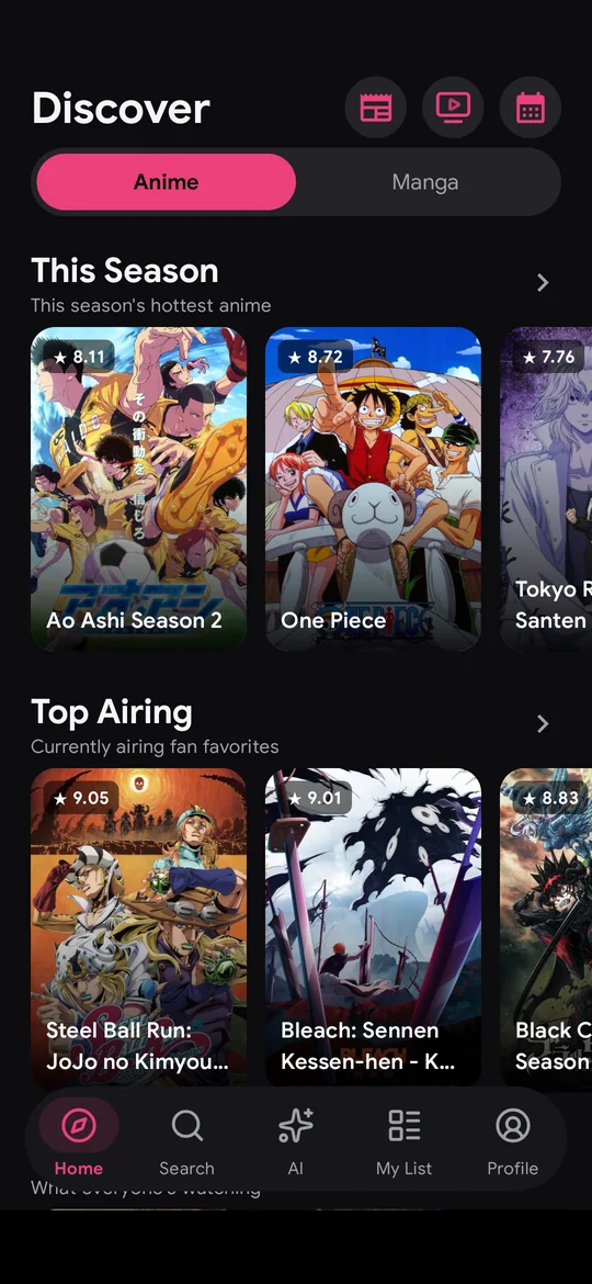Miki's Discover screen with this season's hottest anime